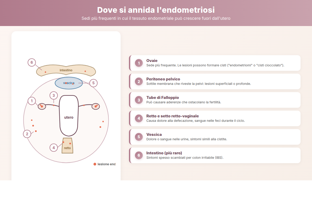 Schema anatomico delle sedi più frequenti dell'endometriosi: ovaie, peritoneo, tube, retto, vescica, intestino