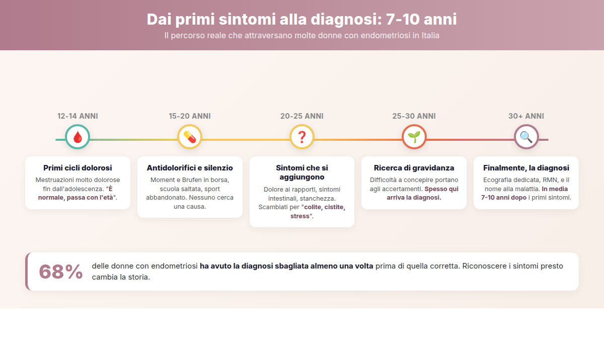 Timeline orizzontale a 5 tappe per età che mostra il percorso tipico delle donne con endometriosi dall'adolescenza alla diagnosi tardiva