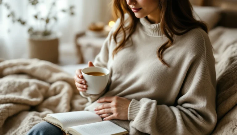 Donna in maglione beige seduta sul letto con tazza di tisana, mano delicatamente posata sull'addome