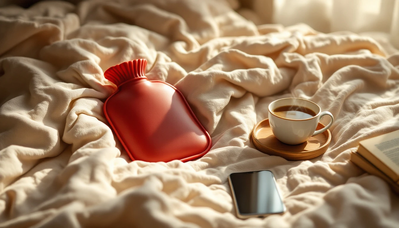 Borsa d'acqua calda e tisana sul letto, scena di self-care durante il ciclo