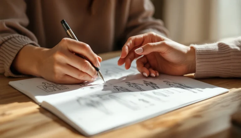 Due mani su un quaderno con disegni anatomici, atmosfera professionale e calda