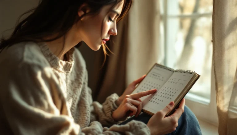 Donna in maglione beige seduta vicino a una finestra, in luce calda, guarda pensierosa un calendario sfogliato che indica gli anni passati