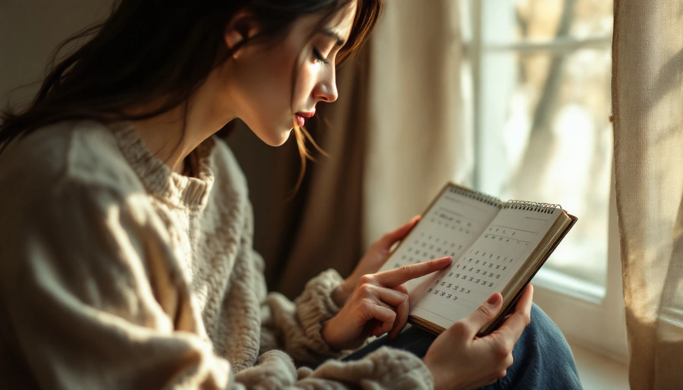 Donna in maglione beige seduta vicino a una finestra, in luce calda, guarda pensierosa un calendario sfogliato che indica gli anni passati