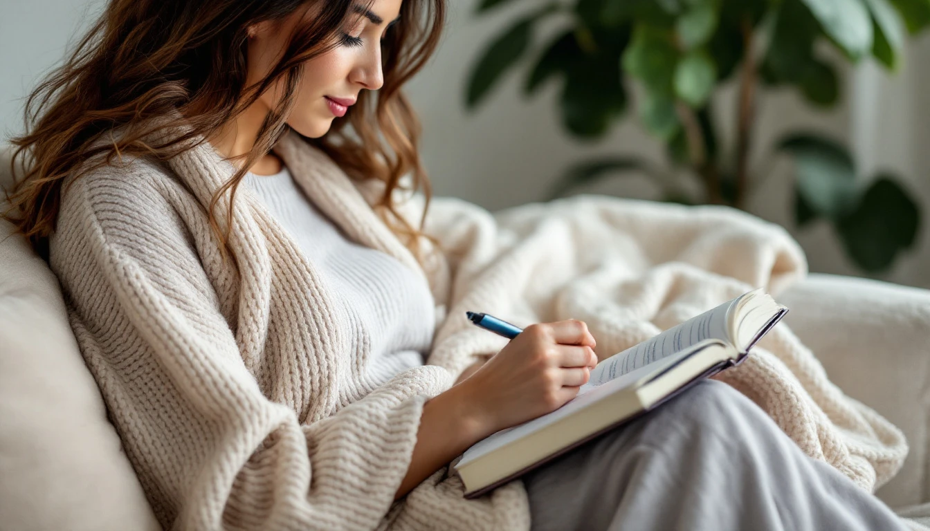 Donna sul divano avvolta in un plaid, scrive in un diario — gestione dei sintomi premestruali