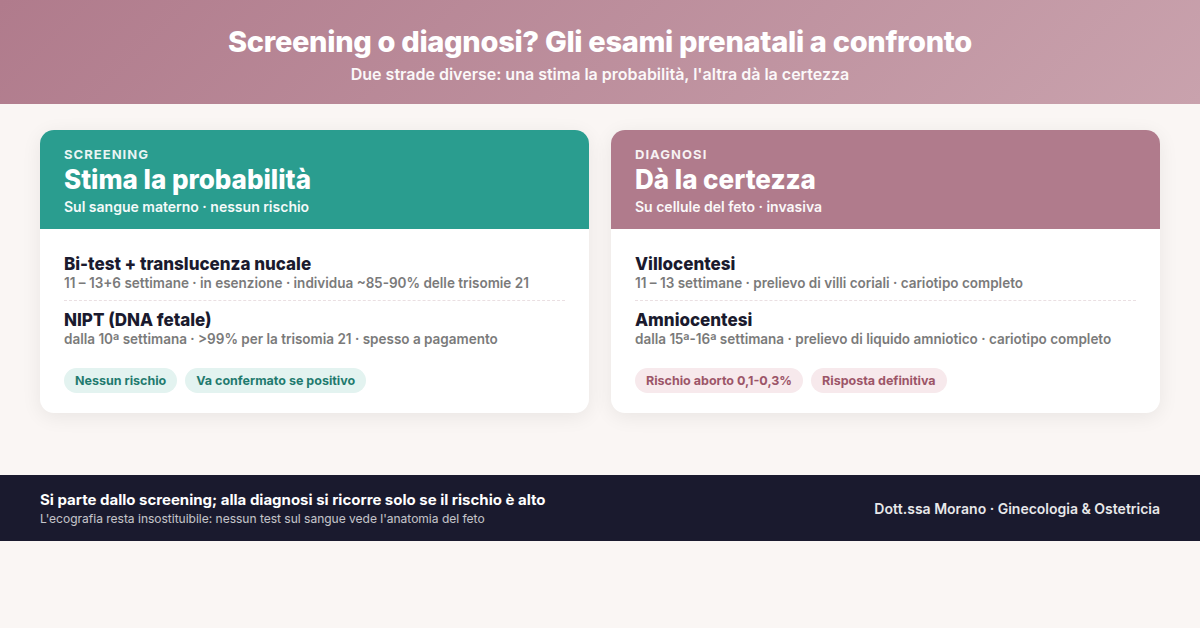 Infografica a due colonne che confronta i test di screening prenatale (bi-test, NIPT) senza rischio con i test diagnostici invasivi (villocentesi, amniocentesi)