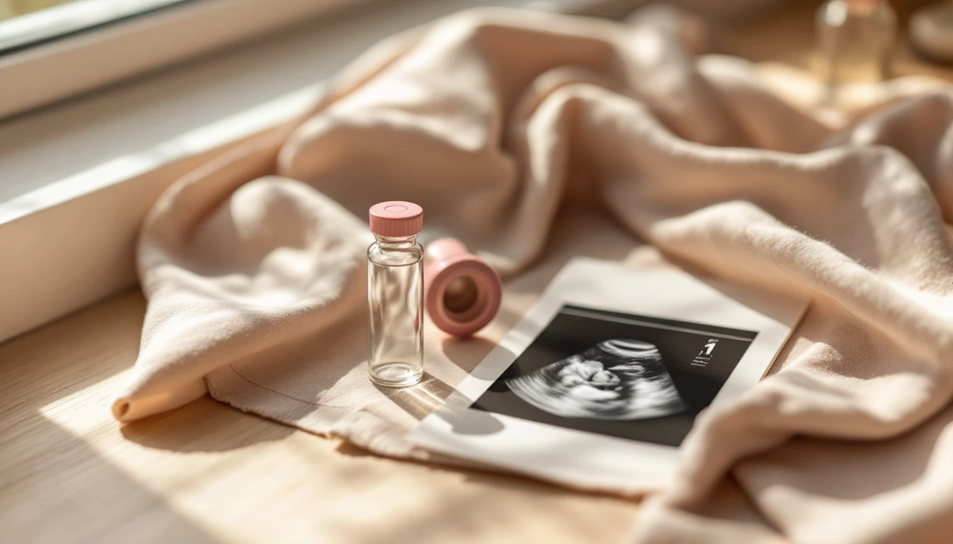 Provette di laboratorio con tappo rosa e foto di un'ecografia del primo trimestre su un telo di lino in luce calda