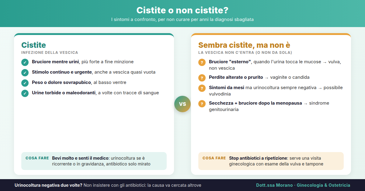 Infografica di confronto: sintomi della cistite (bruciore a urinare, stimolo urgente, peso sovrapubico, urine torbide) e sintomi che sembrano cistite ma non lo sono (bruciore esterno, perdite, urinocoltura negativa, secchezza in menopausa), con indicazioni su cosa fare