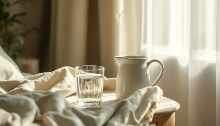 Bicchiere d'acqua e brocca in ceramica su un comodino in luce calda mattutina, simbolo dell'idratazione come prima alleata contro la cistite