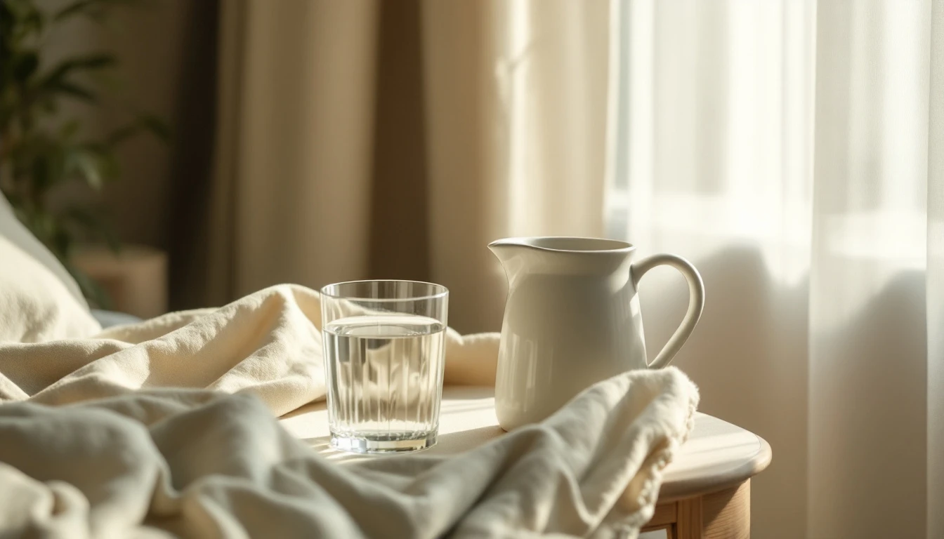 Bicchiere d'acqua e brocca in ceramica su un comodino in luce calda mattutina, simbolo dell'idratazione come prima alleata contro la cistite