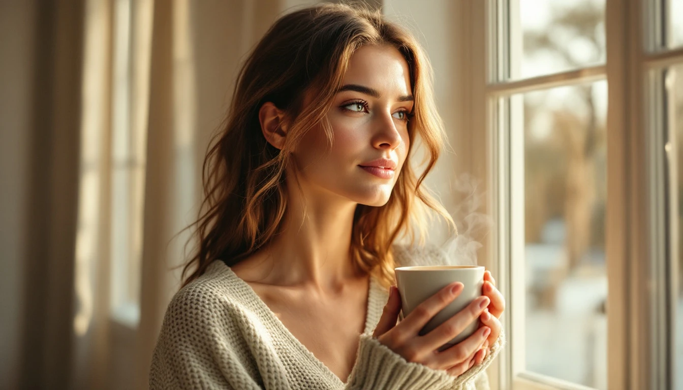 Donna sulla trentina di profilo alla finestra con una tazza di tè, espressione calma e pensierosa nella luce del mattino