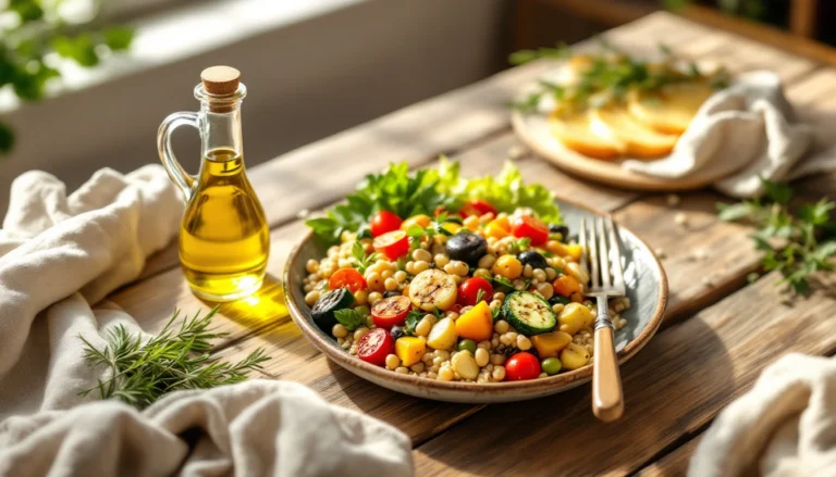 Piatto mediterraneo con verdure grigliate, legumi e cereali integrali su tavolo di legno, con olio extravergine d'oliva — l'alimentazione come terapia nella PCOS