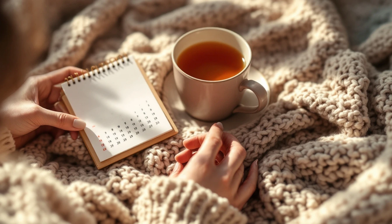 Mani di donna che tengono un piccolo calendario da tavolo con una tazza di tisana accanto su una coperta morbida, atmosfera calda e serena
