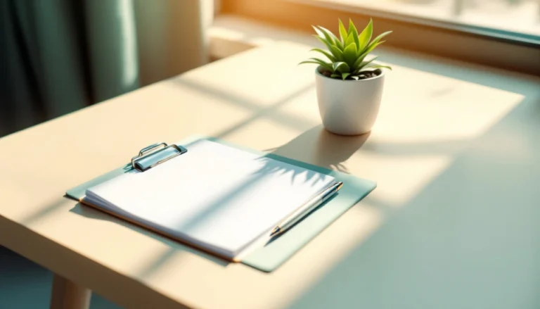 Scrivania medica minimal con blocco appunti, penna e pianta verde in luce naturale, a rappresentare il piano di cura personalizzato per la PCOS