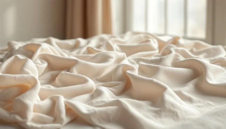 Tessuti di cotone bianco e lino stesi con delicatezza alla luce naturale di una finestra, in una palette beige e malva