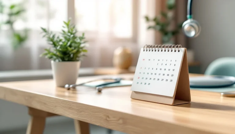 Scrivania in legno chiaro di uno studio ginecologico accogliente con calendario da tavolo, pianta e stetoscopio sfocato sullo sfondo