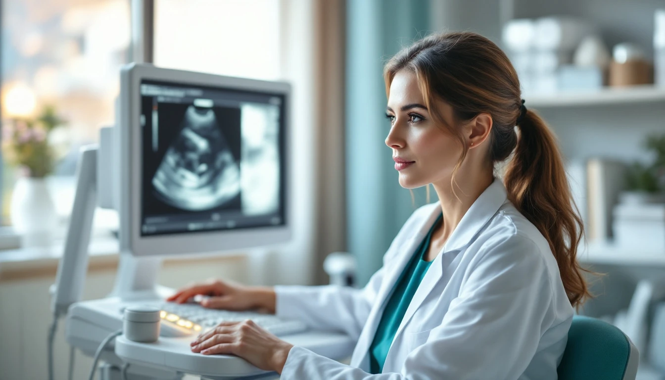 Ginecologa seduta alla postazione ecografica, di tre quarti, osserva sullo schermo un'immagine ecografica: l'ecografia transvaginale mirata è l'esame con cui oggi si diagnostica l'adenomiosi