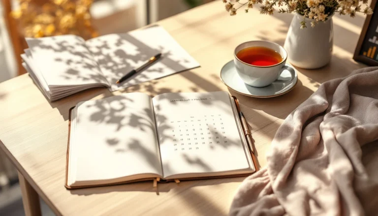 Agenda aperta con un calendario mensile annotato a mano, una penna, un referto di laboratorio e una tazza di tè su un tavolo di legno chiaro: il diario del ciclo e l'emocromo con ferritina sono i due strumenti per capire se il flusso mestruale è abbondante